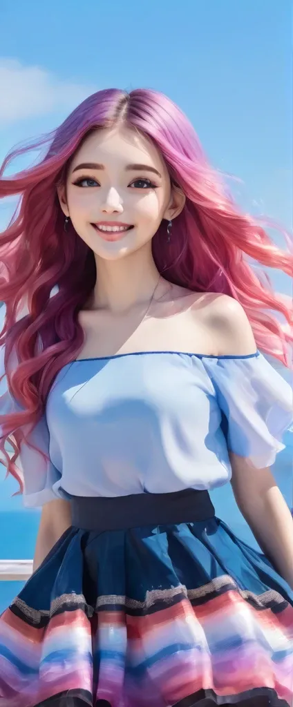 A stunning portrait of a 17-year-old girl with rainbow-coloured hair, a mix of blue and pink, under a brilliant sky on a sunny summer day、A breathtaking view unfolds。Half blue and half pink、A girl with colorful, flowing hair、Standing with a captivating smi...