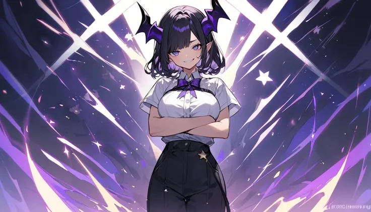 girl with long black hair with straight bangs, with hair cut at the ends. Two large strands in the front, one bigger than the other. A rebel thread. A small white streak in your bangs. Two demon horns, one purple and one black, both with a dark purple star...