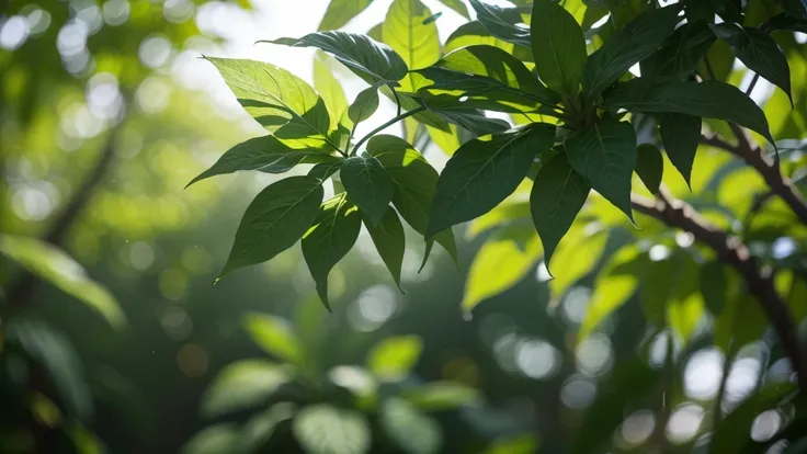 a young plant growing rapidly, vibrant green leaves reaching upward, sunlight streaming through leaves, time-lapse effect, natural background with bokeh effect, (best quality,4k,8k,highres,masterpiece:1.2),ultra-detailed,(realistic,photorealistic,photo-rea...