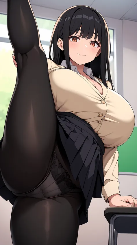 One Girl, Five Fingers, mini skirt, Looking down at the viewer, Black Hairロングヘアー, Highest quality, Focus on the thighs, Dynamic pose, smile, blazer, blouse, Beige pantyhose, panties under pantyhose, Standing Split, classroom, Black Hair, Stylish pose,My th...