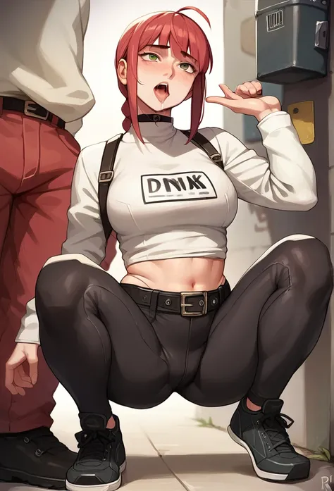 Young Makima from Chainsawman , With a rude look,wearing a sexy black turtleneck,black skinny leggings, High Black Shoes, black belt on the waist,black choker around the neck, Poses passionately rolling her eyes and sticking out her tongue,Drooling