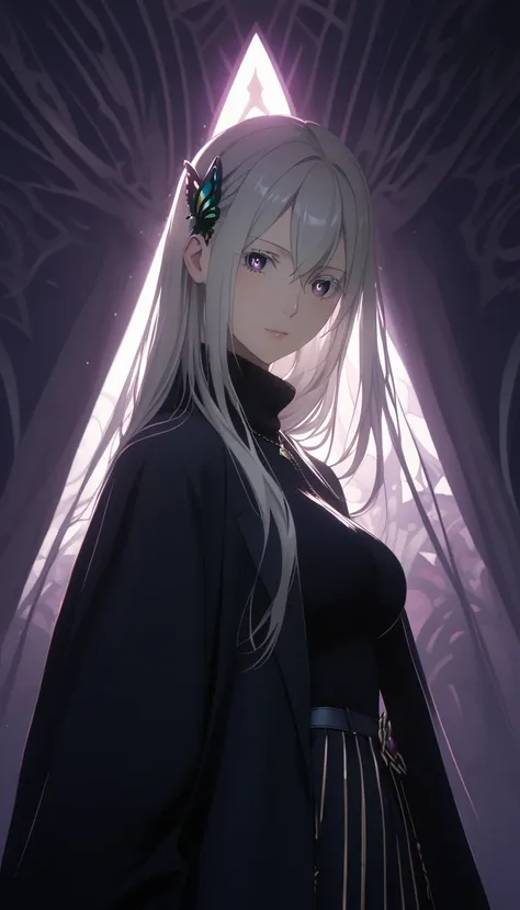 score_9, score_8_up, score_7_up, score_6_up, uncensored, echidia, echidna, silver hair, long hair, butterfly hair ornament, purp...