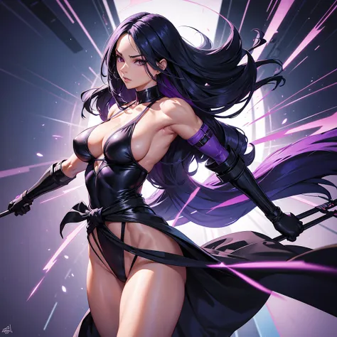 Create a highly detailed image of Psylocke from Marvel Comics, featuring her toned, bodybuilding body. She is wearing a black swimsuit and has a long purple sash tied around her waist. Its arms and legs have black bands. The scene should portray her in a d...