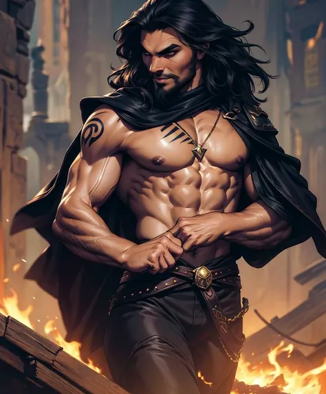 (((Luxurious shoulder length black hair and sexy smirk.))) (((18 years old.))) (((18yo.))) (((Cute smirk.))) (((Single character image.))) (((1boy))) (((Looks like a sexy male swashbuckler for a fantasy setting.))) (((Looks like Jason Momoa.))) He has stro...