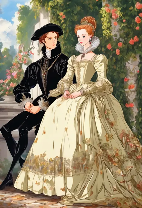 Masterpieces visually(8K)(High Resolution, Ultra Detailed), Showing a very late 1500s Elizabethan Enbglish Handsome young upper middle class couple male and female in classic period Elizabethan fashions clothings attires dress animated kinda anime style in...