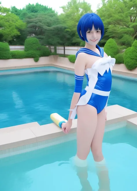 8k,Japanese, junior High School girl,1 person, age 15, Sailor Mercury, cosplay ,blue short hair, poolside, smile
