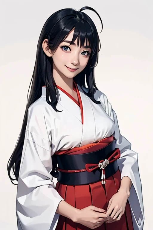 Highest quality　High resolution　Simple　Shrine maiden服　Long bangs　Adult female　Shrine maiden　Loose expression　cute　smile　Scarlet Hakama　Beautiful Eyes　One Woman　Long side hair　Very black hair　Shiny long hair　Straight hair　Ahoge　Wide sleeves　Long hem　cute目　W...