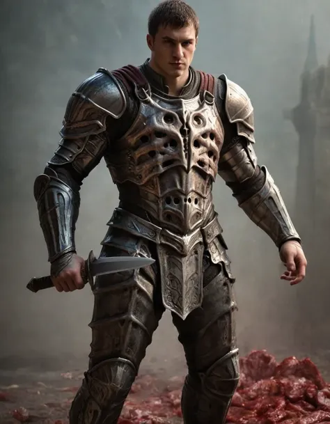 (dutch man), fl3sh4rmor, wearing flesh knight armor, blood, meat, veins, fantasy background, dynamic pose, fighting stance, holding sword,, realistic, masterpiece, intricate details, detailed background, depth of field, photo of a handsome man,