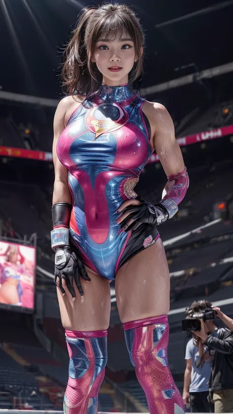 Female professional wrestler、Fighting Pose、expensive、smile、((In the Ring))、((Spotlight))、(((Big stadium)))、((Super big breasts))、((Super tight uniform))、Wristband、(((A flashy costume with a bizarre pattern)))、((Elbow Support))、((Knee support))、I can see yo...