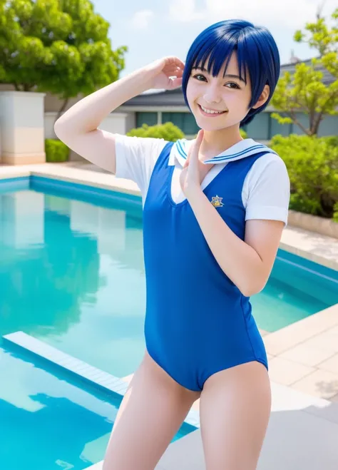 8k,Japanese, junior High School girl,1 person, age 15, Sailor Mercury, cosplay ,blue short hair, poolside, smile
