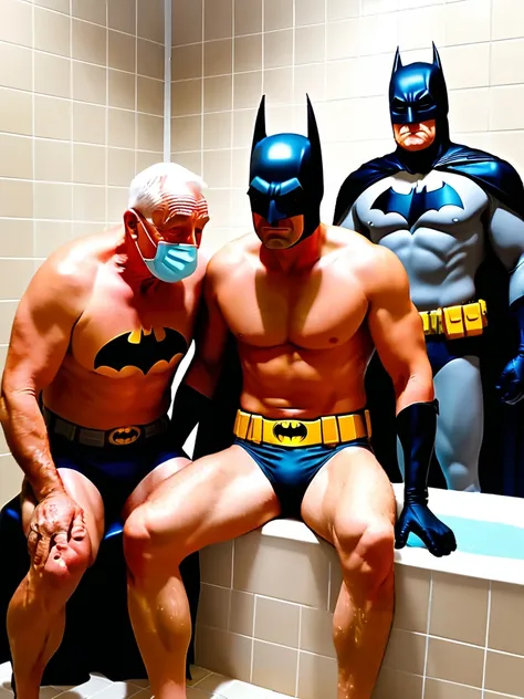 gay,bara,2men,sex,Batman, wearing only a mask, sits in front of a old man Alfred and gives him a blowjob in the shower.