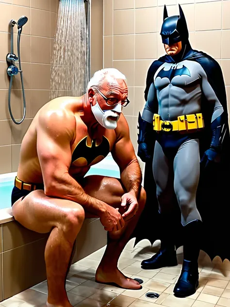 gay,bara,2men,sex,Batman, wearing only a mask, sits in front of a old man Alfred and gives him a blowjob in the shower.