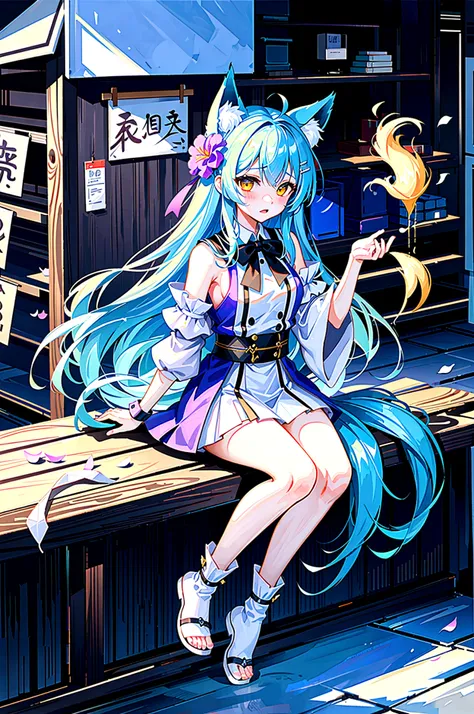 fox Light blue hair 　beast girl　indigo fur　fox beast girl　Sesshomaru, Yellow eyes, Anime, Perfect face, Perfect Lighting, Outdoors, Warm colors, Dark purple sky, Autumn sunset,  (inuyasha), Bearing Claw, Ready to fight　wave, koi fish, anime artstyle, wide ...