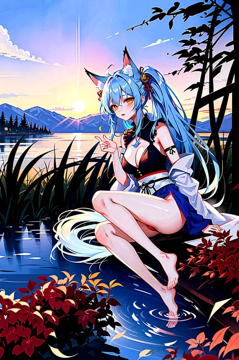 fox Light blue hair 　beast girl　indigo fur　fox beast girl　Sesshomaru, Yellow eyes, Anime, Perfect face, Perfect Lighting, Outdoors, Warm colors, Dark purple sky, Autumn sunset,  (inuyasha), Bearing Claw, Ready to fight　wave, koi fish, anime artstyle, wide ...