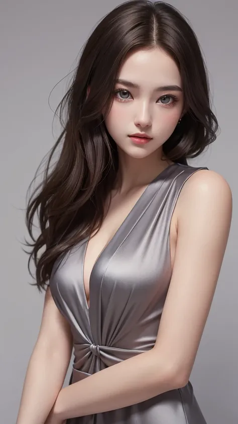 (masterpiece), (Best image quality), 8K resolution, Ultra-fine, 超Ultra-fine, realism, realism, 22 years old、 Small face, No makeup、Beautiful Face, Dark brown hair, Beautiful and beautiful eyes, Big Breasts, 、Silk dress、Cool pose、Gray background,One woman