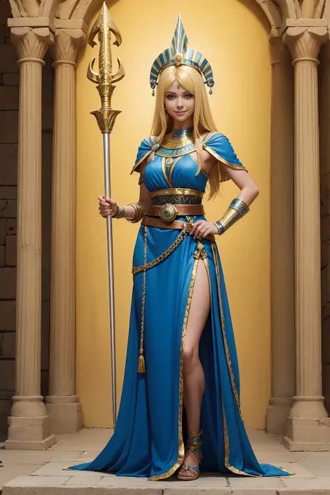 (((full body photo))), Portrait en pied dune femme druide de 30 ans, Handmade Yellow and Blue Scepter, cheveux blonds, souriante, chemisier blanc court, Egyptian-style belt, without background.