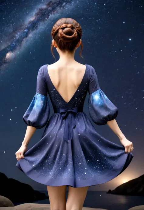 masterpiece, best quality, 1girl (kate Mara), solo, guizhong_genshin, default_dress, from behind, starry sky print, sleeves over wrists, barefoot 