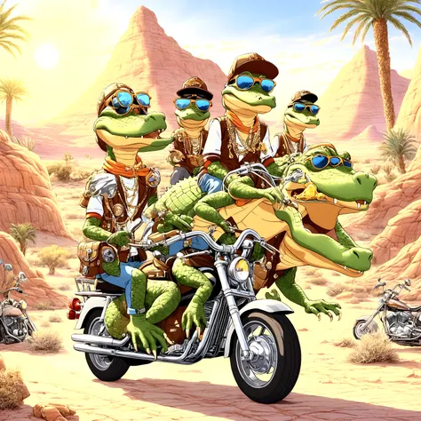 Wally Gator riding Two Motorcycle, Sunglasses, Hip Hop Uniform, Diamond Necklace, Desert, Style of Maxwell Atoms and Matt Stone 