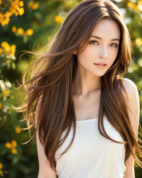 whole body、A woman with long brown hair and a white top, Light brown hair, Light brown hair, Natural brown hair, thin and shiny hair, Soft Hair, Light brown silky hair, Brown Haired Girl, Flowing brown hair, Beautiful light brown hair, Light brown hair, St...