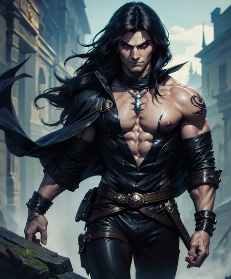 (((Luxurious shoulder length black hair and sexy smirk.))) (((18 years old.))) (((18yo.))) (((Cute smirk.))) (((Single character image.))) (((1boy))) (((Looks like a sexy male swashbuckler for a fantasy setting.))) (((Looks like a Strahd von Zarovich.))) H...