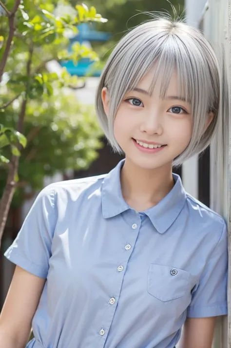 A 16 yearsold Japanese girl, incredibly cute, neat and clean, happy smile, detailed charming eyes, detailed face,laced onepiace, ultra slender, incredibly white and beautiful skin, short silver hair, masterpiece