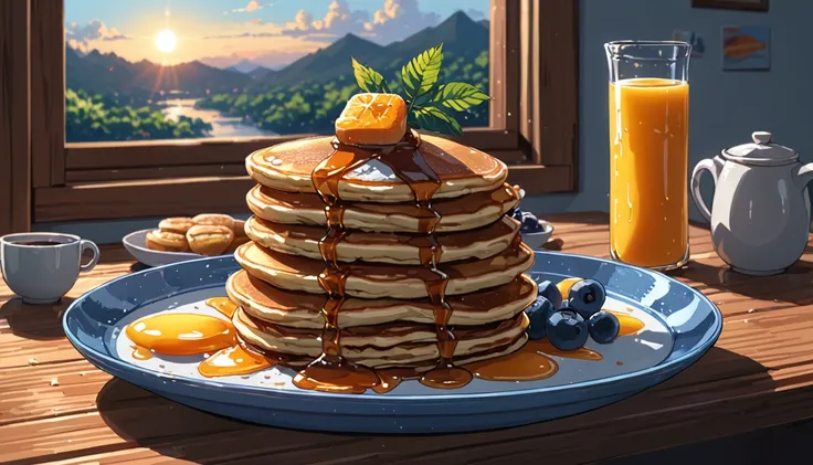 ((Anime: 1.4, Illustration)), (Masterpiece, Top Quality, Best Quality), (Ultra-Detailed, Absolutely Resolution), ((16k, HIGH RES)) (Nice breakfast, pancakes, fruit, morning, sunrise, sunny sky), ( Anime: 1.4, Illustration)), (Masterpiece, Top Quality, Best...