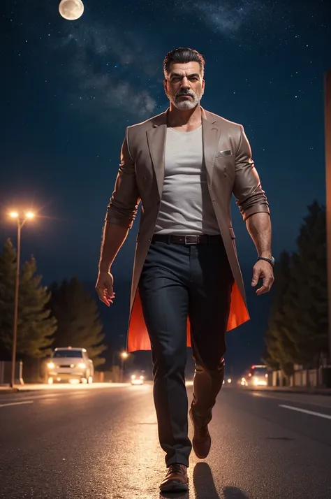 Create an ultra realistic three-dimensional 3D image of a strong Greek-looking man with a proud countenance walking on the road at night with the big, bright moon with beautiful red rays and many trees