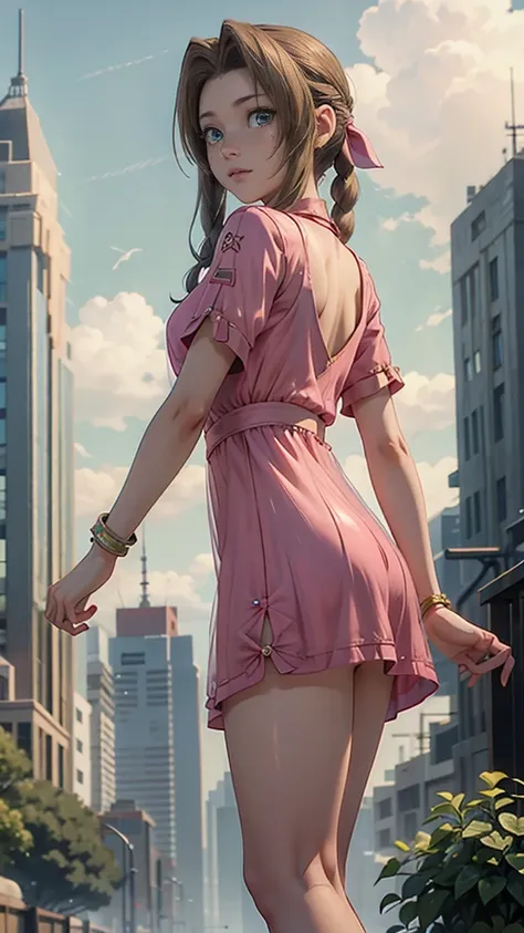 aerith, wearing transparent short dress, showing legs