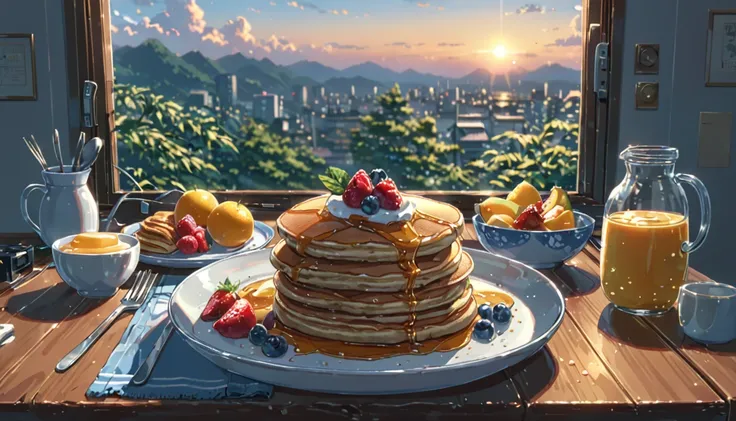 ((Anime: 1.4, Illustration)), (Masterpiece, Top Quality, Best Quality), (Ultra-Detailed, Absolutely Resolution), ((16k, HIGH RES)) (Nice breakfast, pancakes, fruit, morning, sunrise, sunny sky), ( Anime: 1.4, Illustration)), (Masterpiece, Top Quality, Best...