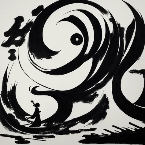 背景为天空变成Tai Chi图，landscape painting，Black and white，Ink Painting，Minimalism，Tai Chi，yin and yang，黑白Tai Chi鱼