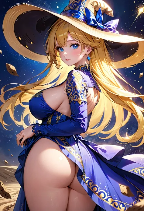 (( straight face picture )) ((best quality)),  ((Masterpiece)), (details), Young woman , yellow hair , Dirt. , blue eyes ,Blue purple set, Gold pattern, wearing a big brimmed hat , Magician , The dress is very beautiful. ,long dress ,big breasts ,Big butt