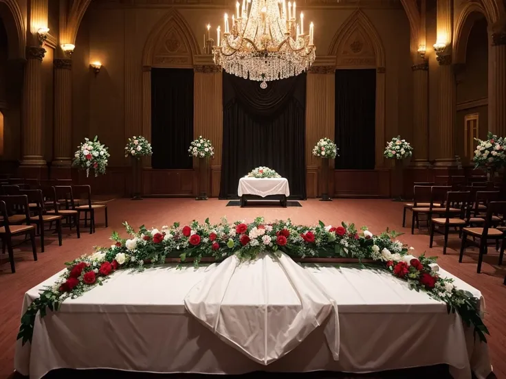 The room has many chairs with tables and flowers., Funeral, Decorated height, A place to rest in peace, Digital photography, Breathtaking composition, In the Great Hall, Heartbreaking, Recreation, walk in a Funeral procession, Catalogue photo, beautiful ph...