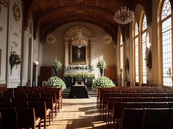 The room has many chairs with tables and flowers., Funeral, Decorated height, A place to rest in peace, Digital photography, Breathtaking composition, In the Great Hall, Heartbreaking, Recreation, walk in a Funeral procession, Catalogue photo, beautiful ph...