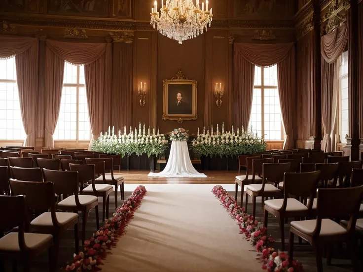 The room has many chairs with tables and flowers., Funeral, Decorated height, A place to rest in peace, Digital photography, Breathtaking composition, In the Great Hall, Heartbreaking, Recreation, walk in a Funeral procession, Catalogue photo, beautiful ph...