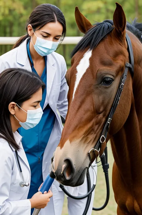 An illustration of a horse with a white face and brown body with a female veterinarian examining it