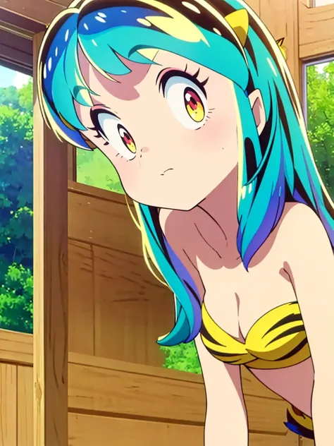 masterpiece, Highest quality, 1 Girl, Lum, anime, Charm, 18-year-old, sexy, blush, Enchanted, Shrug, Squint your eyes and laugh、 High definition