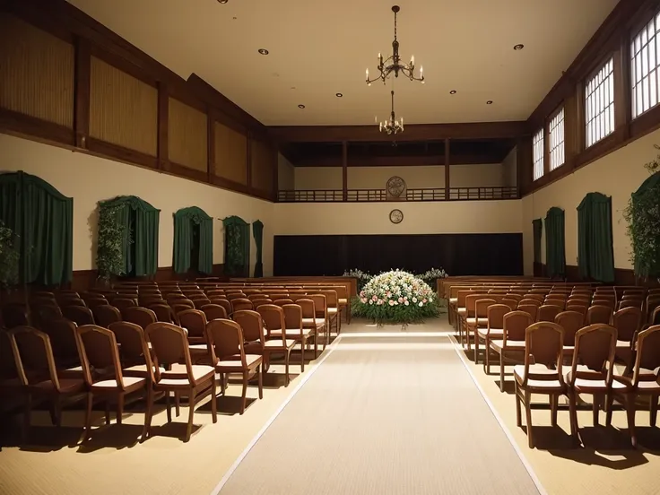 The room has many chairs with tables and flowers., Funeral, Decorated height, A place to rest in peace, Digital photography, Breathtaking composition, In the Great Hall, Heartbreaking, Recreation, walk in a Funeral procession, Catalogue photo, beautiful ph...