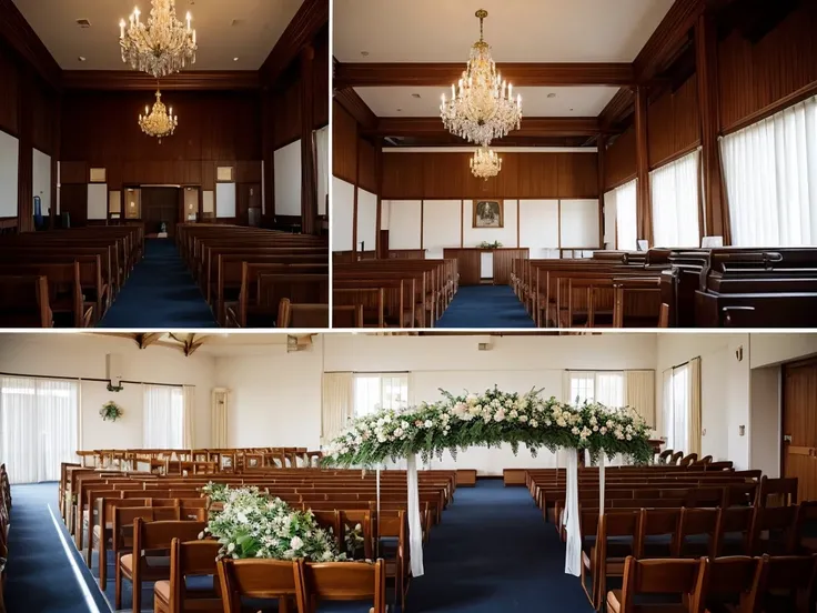 The room has many chairs with tables and flowers., Funeral, Decorated height, A place to rest in peace, Digital photography, Breathtaking composition, In the Great Hall, Heartbreaking, Recreation, walk in a Funeral procession, Catalogue photo, beautiful ph...