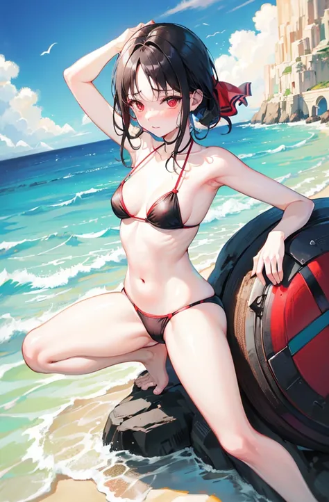 Random pose,Bikini、Black Hair、Small breasts、Random pose、Red ribbon、Pale red eyes、Ocean、Sandy Beach、Blushing、Embarrassed expression、