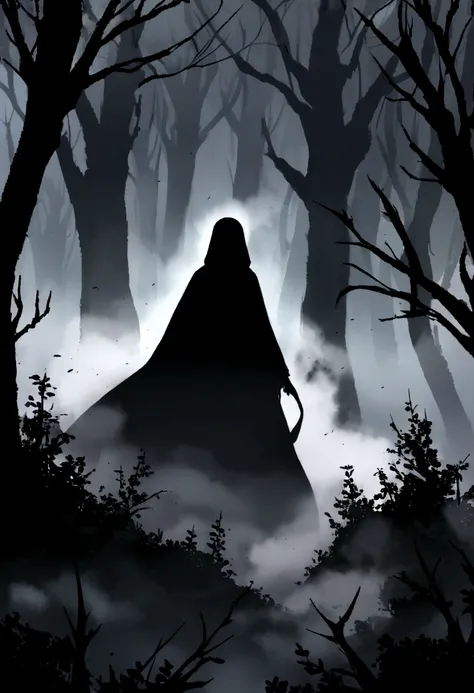 A terrifying silhouette lurking in a misty forest , shrouded in darkness and mysterious mist