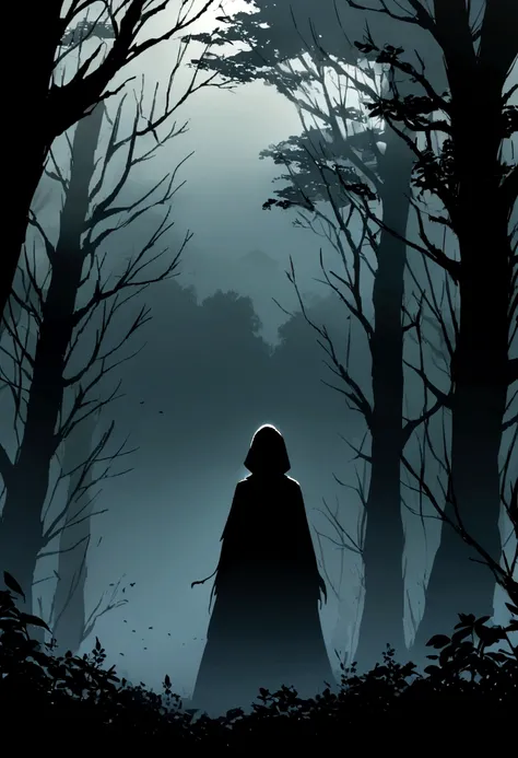 A terrifying silhouette lurking in a misty forest , shrouded in darkness and mysterious mist