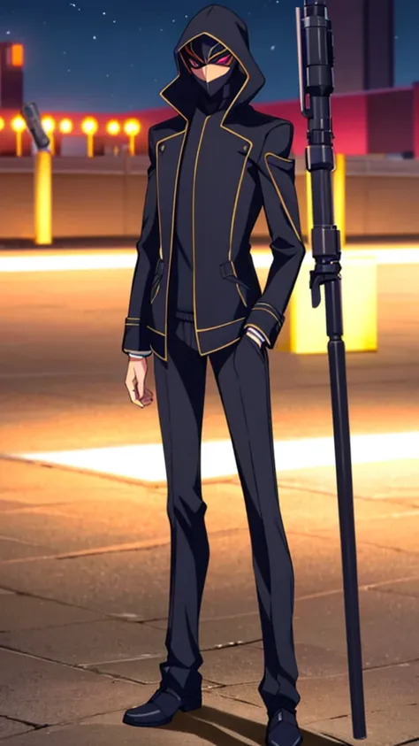 Male, teenager, vigilante, wearing dark clothes, a coat, and a full-face mask, head covered by mask, athletic build, hands in pockets, standing at attention, nighttime setting, lone figure, facing viewer, fully in frame, full body shot, Code Geass style, c...