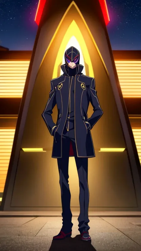 Male, teenager, vigilante, wearing dark clothes, a coat, and a full-face mask, head covered by mask, athletic build, hands in pockets, standing at attention, nighttime setting, lone figure, facing viewer, fully in frame, full body shot, Code Geass style, c...