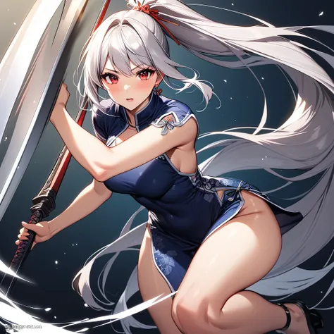 (masterpiece),(Highest quality),(Very detailed),(Best illustrations),(so beautiful), so beautiful長い脚, Thighs, Silver Hair, Red eyes, Very long hair, High Ponytail, Blue clothes, China dress, Side slits, Have a weapon, Huge_sword, Slashing,