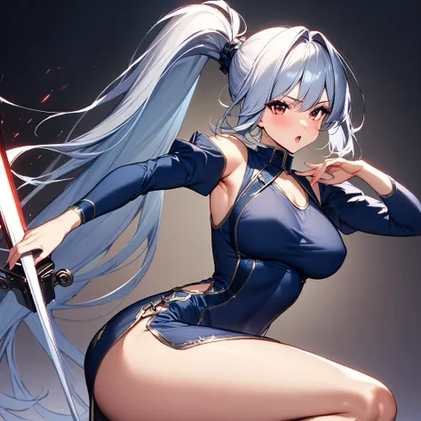 (masterpiece),(Highest quality),(Very detailed),(Best illustrations),(so beautiful), so beautiful長い脚, Thighs, Silver Hair, Red eyes, Very long hair, High Ponytail, Blue clothes, China dress, Side slits, Have a weapon, Huge_sword, Slashing,