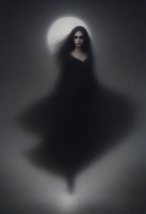 Gothic reverie, long dress, woman flying, sensual, long hair, clear but dark eyes, full moon, bats, black lilies