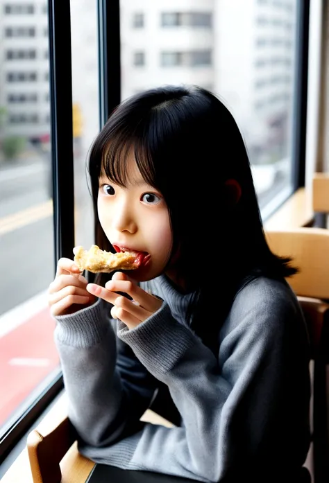 a  is licking a piece of food in her mouth while sitting on a chair with a window behind her, Ayako Rokkaku, girl, a photocopy, transgressive art