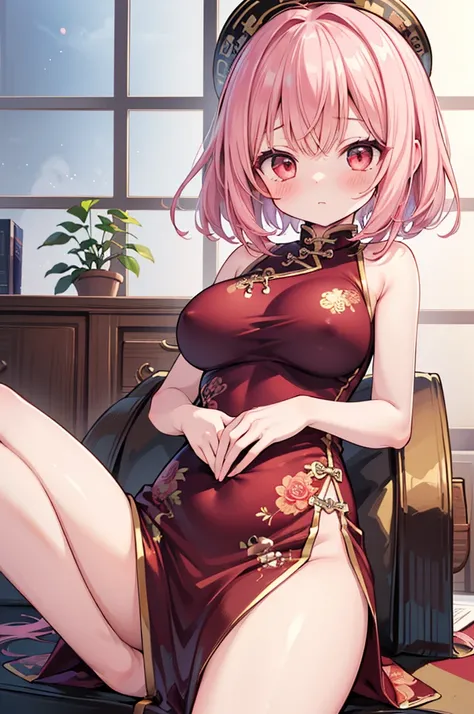 nsfw,((Masterpiece)),((high resolution)),((Best Quality)),Anime illustration,((1girl)),(wavy hair),(short hair),(pale pink hair color),small ponytail,Red eyes,(Big round eyes),((tareme)),12 years old,((loli face)),((very big breasts)),Short stature,,,china...