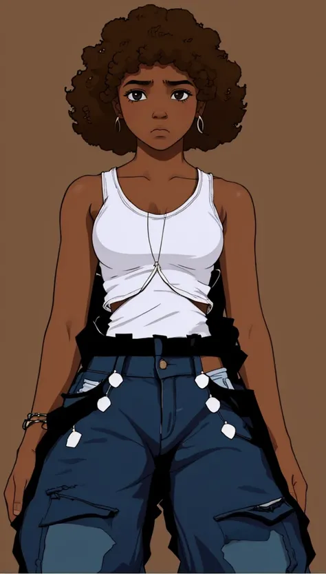 1girl, 16 year old, brown skinned, sad face, looking down, white tank top, blue jeans with cut out sides, brunette curly Afro, skilled