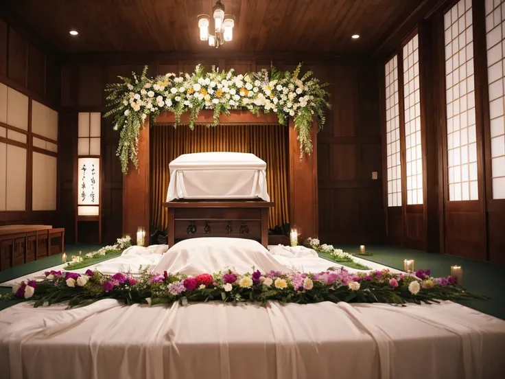 部屋にはテーブルとflowerのある椅子が複数あります, Funeral, A place to rest in peace, Digital photography, Breathtaking composition, In the hall, Heartbreaking, Recreation, walk in a Funeral procession, Catalogue photo, beautiful photo, beautiful photo, Comfortable and friendly...